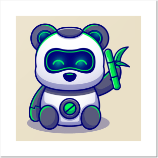 Cute Panda Robot Holding Bamboo Cartoon Posters and Art